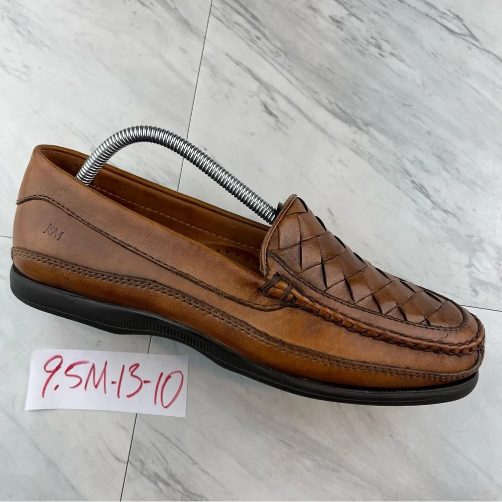 -Johnston & murphy hand crafted basket weave brown leather Moc loafers shoes 9.5